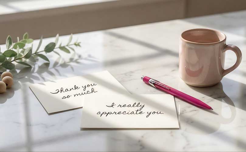 Handwritten thank-you notes on personalized stationery rest on a marble desk beside a pink pen and coffee mug, creating a warm scene for appreciation gifts and thoughtful gratitude.