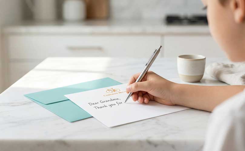 Child writing a handwritten thank-you note on personalized letter writing stationery with a teal envelope on a marble desk