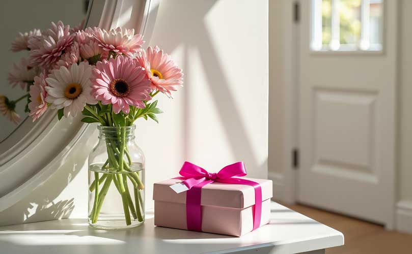 A pale pink gift box with a bold magenta ribbon sits beside a vase of pink daisies on a sunlit entryway table. A soft, elegant scene perfect for summer gifting inspiration.